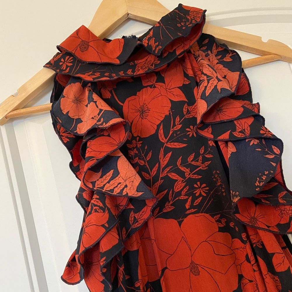Navy and orange floral frill detail maxi dress